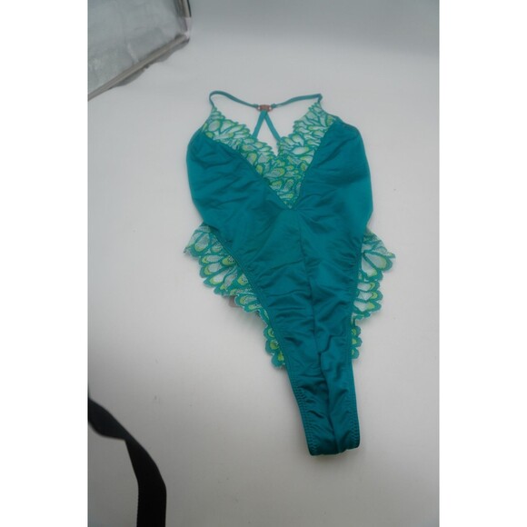 Savage Fenty Not Sorry Teddy Bodysuit Teal Lace Thong Strappy V NeckNWT Sz Small - Picture 3 of 7